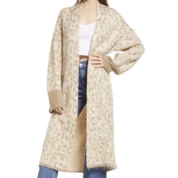 Topshop Animal Print Wool Blend Duster Cardigan Size 4-6 Tan Women's NEW - Picture 3 of 10
